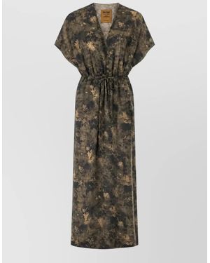 Uma Wang Floral Print V-Neck Short-Sleeve Midi Dress - Green
