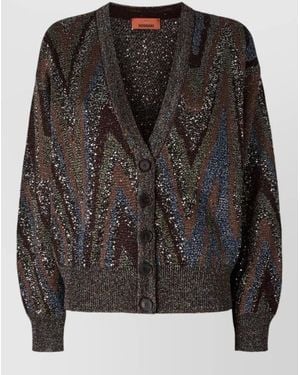 Missoni Sequined Zigzag Knit V-Neck Long-Sleeve Cardigan - Black