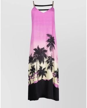 Palm Angels Sunset Print V-Neck Calf-Length Midi Dress - Pink