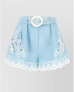 FARM Rio Linen Shorts Belted Waist Floral Pattern - Blue
