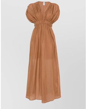 120% Lino Linen Dress Cap Sleeves Elastic Waistband - Brown