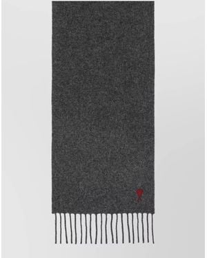 Ami Paris Rectangular Wool Scarf Fringed Edges - Gray