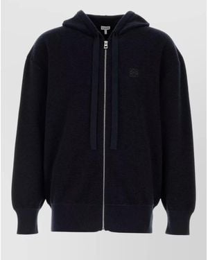 Loewe Wool Hooded Zip Cardigan Drawstring Ribbed Cuffs - Blue