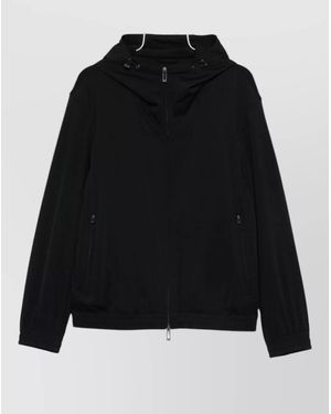 Emporio Armani Hooded Nylon Jacket Long Sleeves Pockets - Black