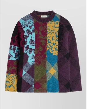 Dries Van Noten Wool Alpaca Oversized Patchwork Floral Striped Crew Neck Sweater - Blue