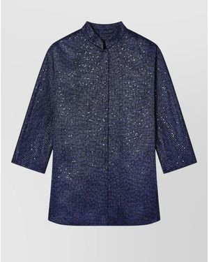 Giorgio Armani Jacket Three Quarter Sleeves Shimmering Stand Collar - Blue