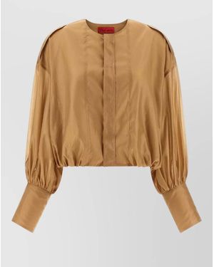 Thelatest Diana Cropped Blouse Long Sleeves Pleats Epaulettes - Natural