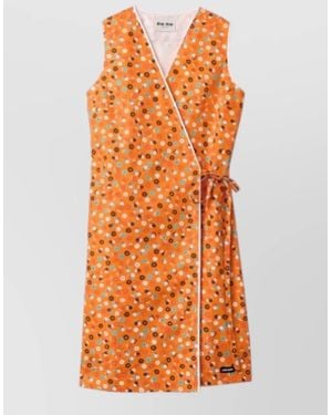 Miu Miu Wrap Dress Knee Length Floral V Neckline Sleeveless - Orange