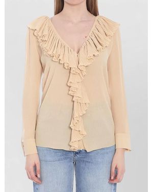 Saint Laurent Silk Semi-Sheer Ruffled V-Neck Blouse - Blue