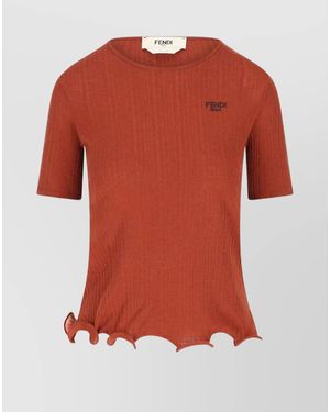 Fendi Virgin Wool Ribbed Short-Sleeve Crewneck Top - Red