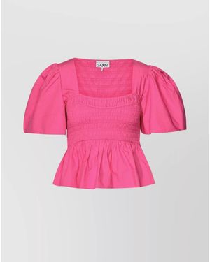 Ganni Smocked Cotton Top Peplum Hem - Pink