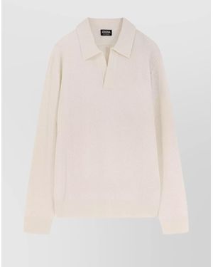ZEGNA Cashmere Polo Jumper Jacquard Design - Natural