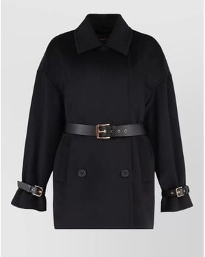 Max Mara Pausa Belted Double Breasted Wool Coat - Black