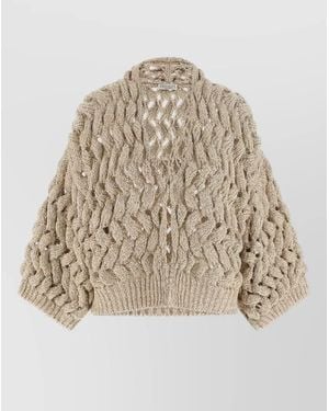 Brunello Cucinelli Cable Knit Cropped Sequin Silk Linen Cardigan - Natural