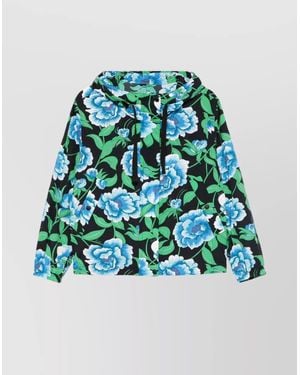 KENZO Drawstring Hood Floral Print Blazer - Blue