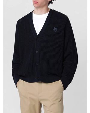Maison Kitsuné V Neck Ribbed Knit Long Sleeve Jumper - Blue