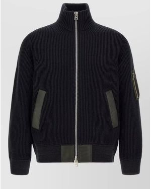 Sacai Wool Ribbed Zip-Up Jumper - Blue