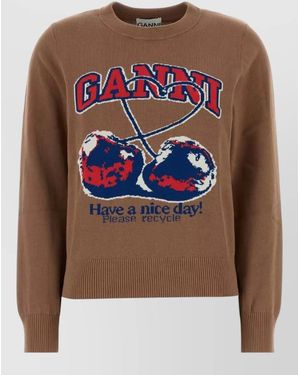 Ganni Cotton Crew Neck Graphic Knit Sweater - Brown