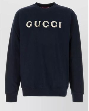 Gucci Cotton Sweatshirt Crew Neck Ribbed Trims - Blue