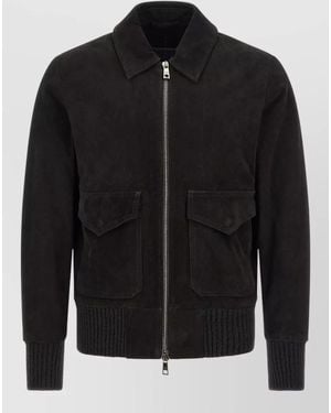 Giorgio Brato Aviator Jacket Collared Front Pockets Ribbed - Black
