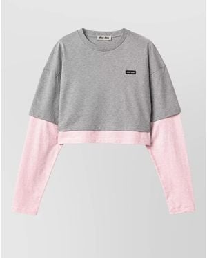 Miu Miu Jersey Cropped Long Sleeve Layered Top - Grey