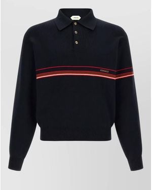 Versace Striped Knit Polo Shirt Ribbed Collar Cuffs Hem - Blue