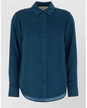 Michael Kors Satin Shirt Collar Long Sleeves Curved Hem - Blue