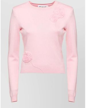 Self-Portrait Sweater Crewneck Long Sleeves Embossed Floral Lace - Pink