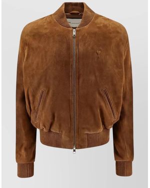 Ami Paris Goatskin Suede Bomber Jacket Ribbed Cuffs Hem - Brown