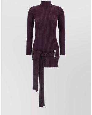GIUSEPPE DI MORABITO Brooch Detail High Neckline Ribbed Dress - Purple