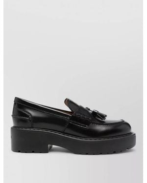 Miu Miu Leather Loafers Round Toe Tassel Chunky Sole - Black