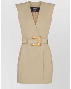 Balmain Cotton V-Neck Sleeveless Belted Mini Dress - Natural