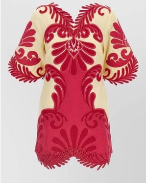 FARM Rio Arabesc Embroidery V Neck Short Sleeve Dress - Red