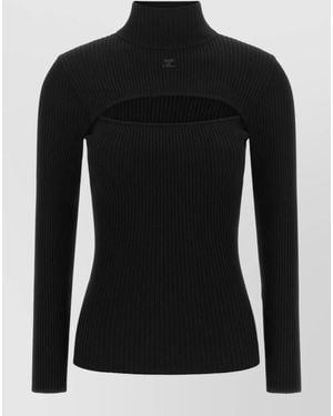 Courreges Mock Neck Ribbed Sweater Slim Fit Cutouts - Black