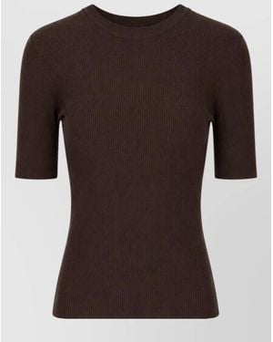 P.A.R.O.S.H. Short Sleeve Crew Neck Ribbed Top - Brown