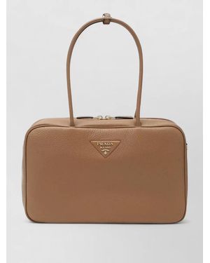 Prada Shoulder Bag Rectangular Shape Textured Finish Top Handles - Natural