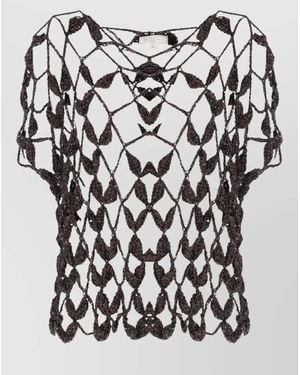 Antonelli Round Neck Crochet Cotton Sequin Sweater - White