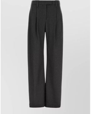 Brunello Cucinelli Wool Pleated Front Wide Leg Pants - Black