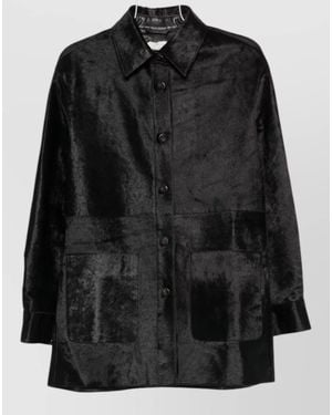 Alysi Textured Leather Coat Straight Hem Long Sleeves - Black