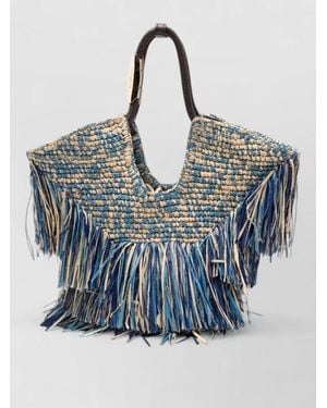 Zimmermann Goldentime Small Raffia Fringe Tote Bag - Blue