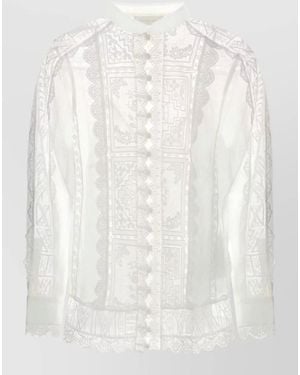 Zimmermann Aster Ramie Blouse High Neck Sheer Lace - White