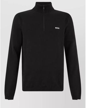 BOSS Cotton Zip Turtleneck Jumper - Black