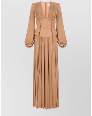 Elisabetta Franchi Lurex Jersey V-Neck Long-Sleeve Pleated Maxi Dress - Natural