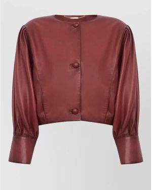 Chloé Lamb Leather Cropped Round Neck Jacket - Red