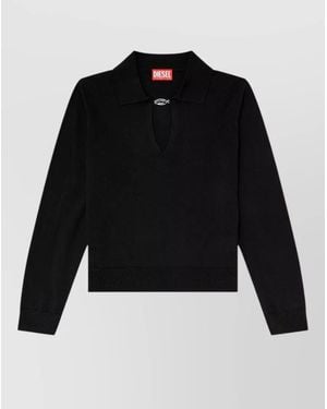 DIESEL Silk Blend Long Sleeve Ribbed Polo Shirt - Black