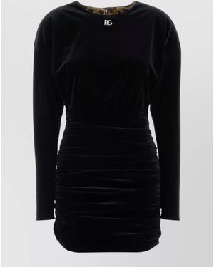 Dolce & Gabbana Velvet Mini Dress Long Sleeves Ruched - Black