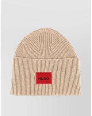 HUGO Logo Ribbed Beanie Hat - Natural
