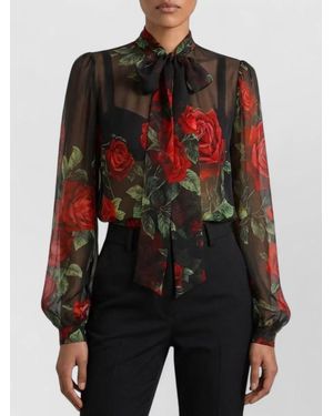 Dolce & Gabbana Silk Floral-Print Tie-Neck Long-Sleeve Blouse - Black