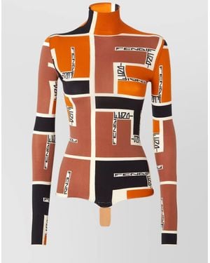 Fendi Printed Mock-Neck Long-Sleeve Top - Orange