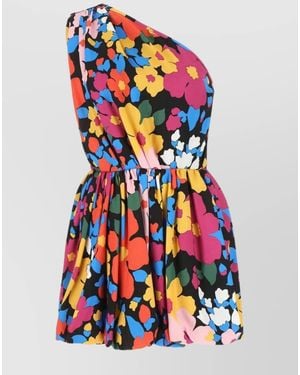 Saint Laurent Floral Print Ruched One Shoulder Sleeveless Mini Dress - White